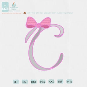 Alphabet Letter C Ribbon Monogram Embroidery - Girly Bow Machine Embroidery File - Digital Download
