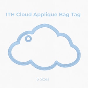 May include: A light blue cloud-shaped applique bag tag with a circular hole for attachment. The design features the text ITH Cloud Applique Bag Tag and lists five sizes in inches: 3", 3.5", 4", 5", and 6". The logo for HappyCraft CAFE is visible.