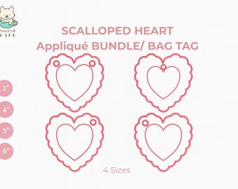 Scalloped Heart Applique Bag Tag Embroidery: 4 Sizes ITH Machine Files | Satin Stitch | Instant Download