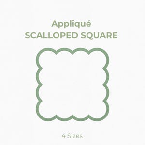 May include: A green scalloped square appliqué design with the text "Appliqué SCALLOPED SQUARE". The design is available in four sizes: 3", 4", 5", and 6". The HappyCraft CAFE logo is in the upper left corner.