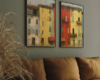 Mediterranean Village Houses Wall Art Vibrant Cityscape: Set of 2 Framed Paper Prints