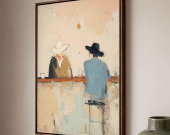 Abstract Oil Coffee Bar: Two Cowboys, Cream and Blue Framed Canvas