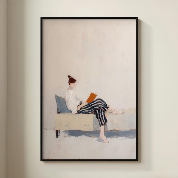 Framed Minimalist Figurative Art Print: Woman Reading in Neutral Tones
