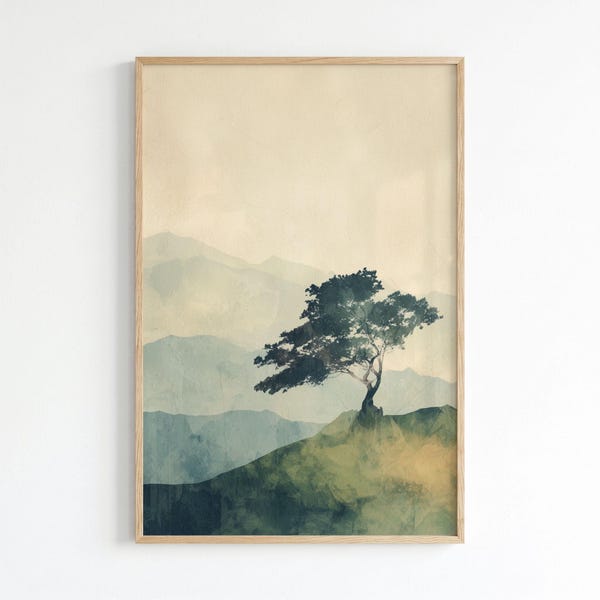 Sage Green Landscape: Japanese Ink Wash Decor