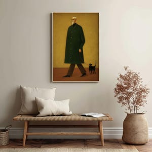 May include: A framed art print depicts a figure in a long green coat walking a black dog on a leash. The artwork has a minimalist style with a muted color palette of green, brown, and yellow.