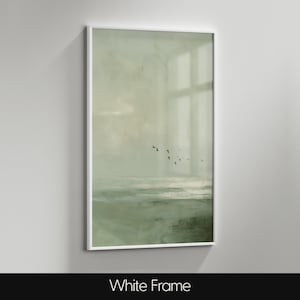 Vintage Seascape Oil Painting : Moody Sage Green Ocean Print with Birds image 14