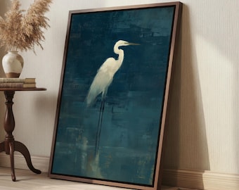 White Egret Framed Canvas Art: Deep Teal Blue Bird Painting