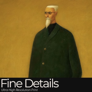 May include: A portrait print featuring a man with a white beard, glasses, and a dark green coat with gold buttons. The background is a solid yellow-gold color. The text "Fine Details" and "Ultra High Resolution Print" are at the bottom.