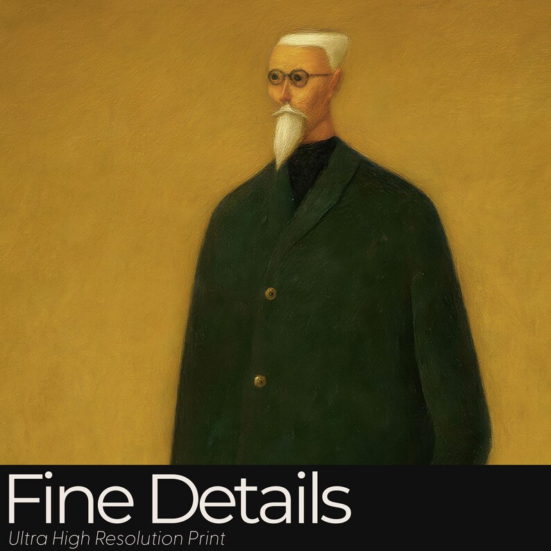 May include: A portrait print featuring a man with a white beard, glasses, and a dark green coat with gold buttons. The background is a solid yellow-gold color. The text "Fine Details" and "Ultra High Resolution Print" are at the bottom.