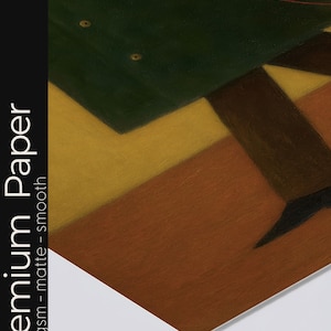 May include: A section of a painting featuring a dark green jacket with two gold buttons, a brown leg, and a geometric background in shades of yellow and brown. The words "Premium Paper" are printed vertically on the left side.