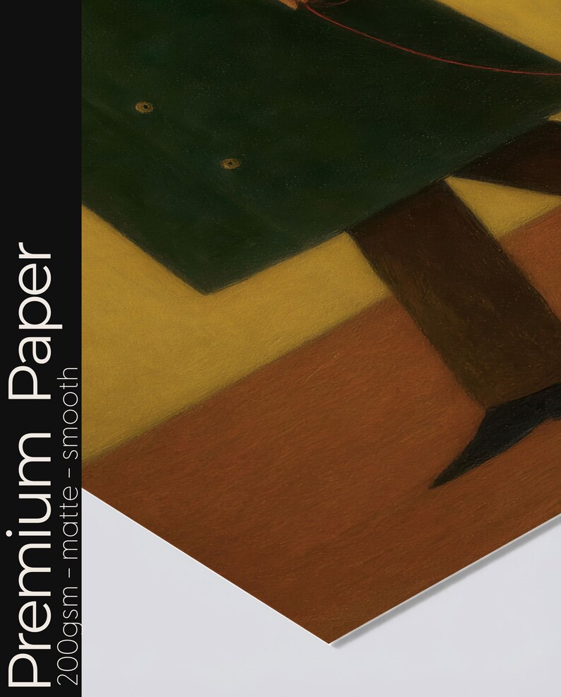 May include: A section of a painting featuring a dark green jacket with two gold buttons, a brown leg, and a geometric background in shades of yellow and brown. The words "Premium Paper" are printed vertically on the left side.