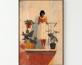 May include: A framed painting depicting a person with dark hair standing on a balcony, wearing a white dress and reading an open book. The scene includes potted plants on either side of the figure, set against a textured, warm-toned wall.
