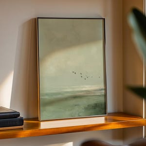 Vintage Seascape Oil Painting : Moody Sage Green Ocean Print with Birds image 4