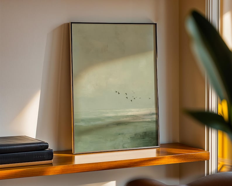 Vintage Seascape Oil Painting : Moody Sage Green Ocean Print with Birds image 4