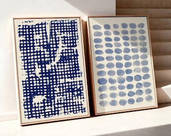 Contemporary Abstract Wall Art Blue Dot Grid Organic Shapes: Set of 2 Framed Canvas Prints
