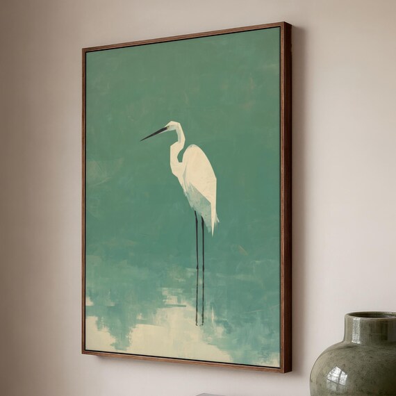 White Heron Canvas Print: Framed Teal Minimalist Bird Art