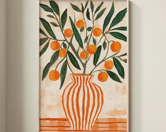 Orange Tree in Striped Vase: Sage and Terracotta Wall Art