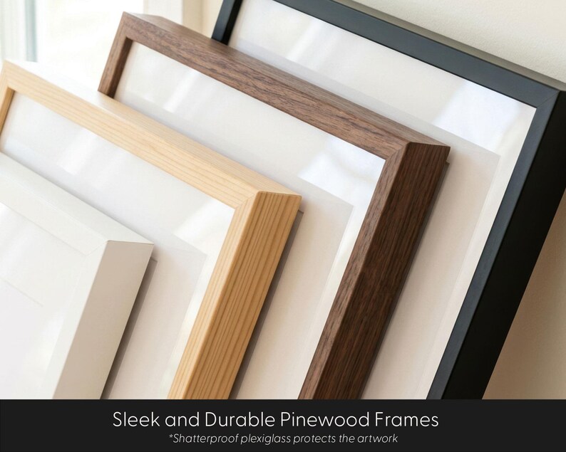 May include: A collection of four rectangular picture frames stacked diagonally, featuring white, light wood, dark wood, and black finishes. Each frame includes a white mat board and clear plexiglass. Text reads: Sleek and Durable Pinewood Frames.