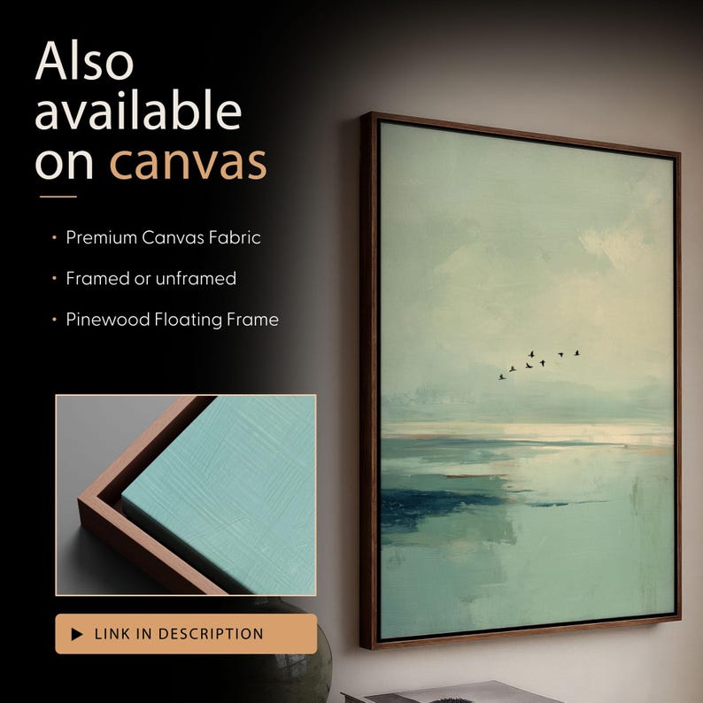 May include: A framed wall art print featuring a landscape with a pale green sky and a flock of birds flying over a calm body of water. Text reads: Also available on canvas, Premium Canvas Fabric, Framed or unframed, Pinewood Floating Frame.