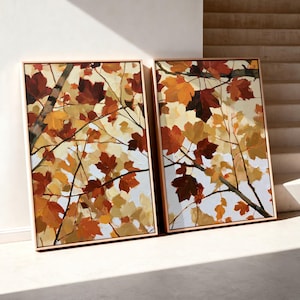 Autumn Leaves Wall Art Pair Modern Fall Foliage Decor: Set of 2 Framed Canvas Prints