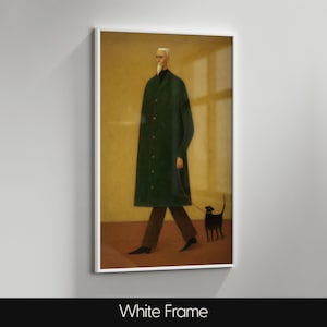 May include: A framed art print featuring a man in a long green coat walking a black dog on a leash. The man wears glasses and a white cap. The artwork is set against a yellow background. The frame is white, and the text "White Frame" is at the bottom.