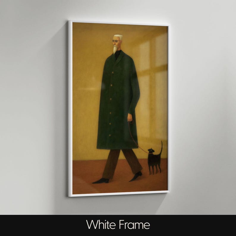 May include: A framed art print featuring a man in a long green coat walking a black dog on a leash. The man wears glasses and a white cap. The artwork is set against a yellow background. The frame is white, and the text "White Frame" is at the bottom.