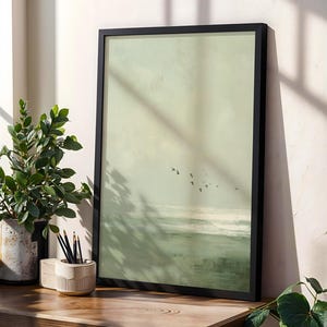 Vintage Seascape Oil Painting : Moody Sage Green Ocean Print with Birds image 5