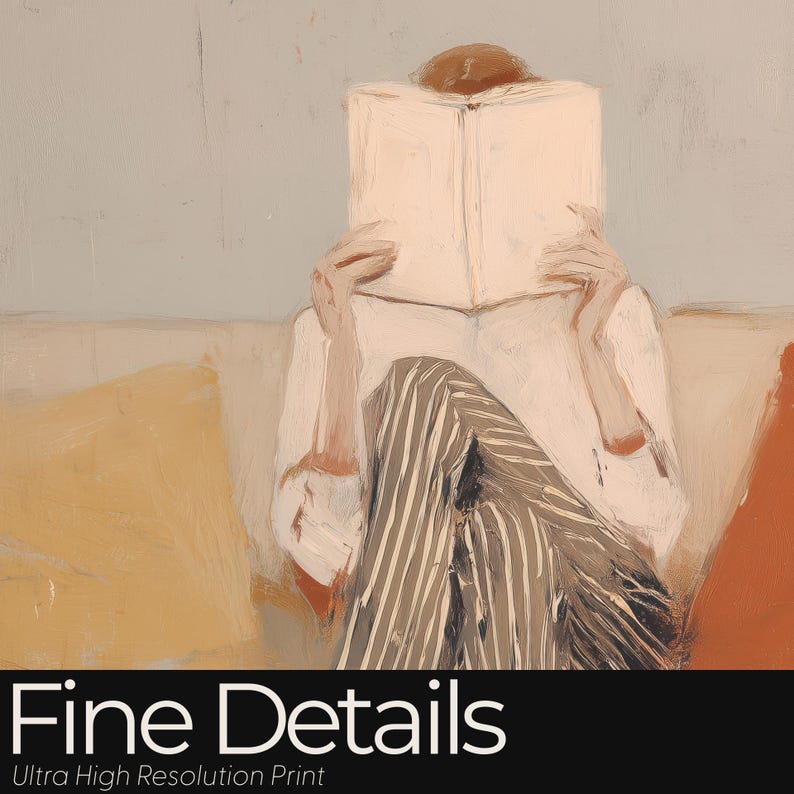 May include: An abstract painting depicting a person reading a book while seated on a sofa. The person's face is hidden by the book. They wear a white shirt and striped trousers. The background features light blue and beige tones.