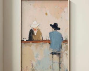 Cowboy Coffee Bar Scene Abstract Oil Painting: Tan and Blue Framed Print