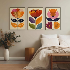 Mid Century Modern Floral Print Set: Norwegian Folk Art, Burnt Orange & Navy