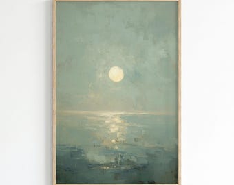 Vintage Moon Seascape: Muted Teal Ocean Framed Art Print