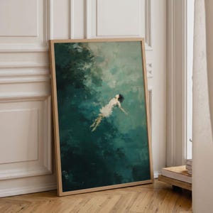 Floating Woman Oil Painting: Moody Teal Green Wall Decor