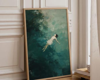 Floating Woman Oil Painting: Moody Teal Green Wall Decor
