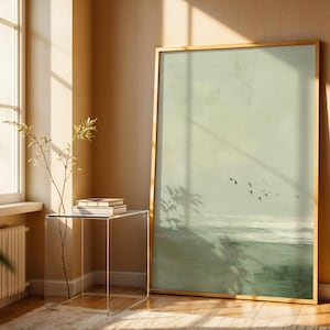 Vintage Seascape Oil Painting : Moody Sage Green Ocean Print with Birds image 2
