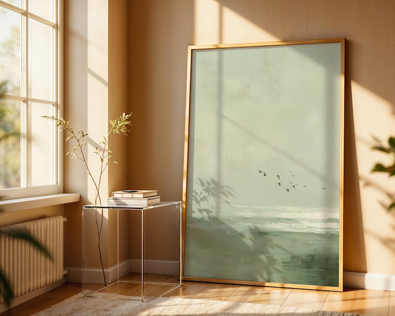 Vintage Seascape Oil Painting : Moody Sage Green Ocean Print with Birds image 2