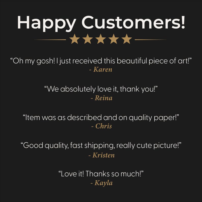 May include: A dark background with the text "Happy Customers!" in white. Below the text are five gold stars. Several customer testimonials are displayed, including quotes from Karen, Reina, Chris, Kristen, and Kayla.