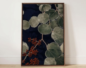 Large Minimalist Leaf Art Print: Navy Blue & Sage Green Framed Canvas