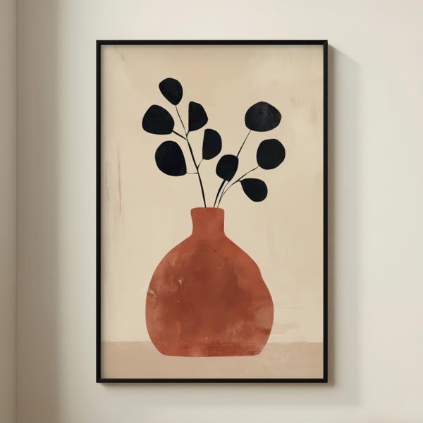 Terracotta Vase Art Print: Boho Minimalist Botanical Wall Decor