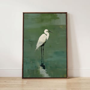 White Egret Canvas Print: Sage Green Floating Frame Wall Art