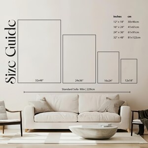 May include: A size guide graphic shows four rectangular art print sizes: 12x18 inches (30x46cm), 16x24 inches (41x61cm), 24x36 inches (61x91cm), and 32x48 inches (81x122cm). The text "Size Guide" is on the left. A sofa is below the sizes.