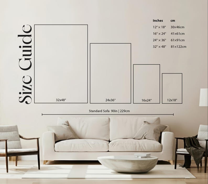 May include: A size guide graphic shows four rectangular art print sizes: 12x18 inches (30x46cm), 16x24 inches (41x61cm), 24x36 inches (61x91cm), and 32x48 inches (81x122cm). The text "Size Guide" is on the left. A sofa is below the sizes.