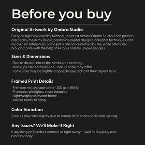 May include: Text on a black background reads "Before you buy" followed by details about the artwork, including the artist, materials, and print details. The text also mentions color variations and how to contact the seller.