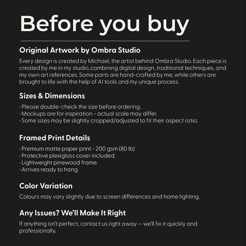 May include: Text on a black background reads "Before you buy" followed by details about the artwork, including the artist, materials, and print details. The text also mentions color variations and how to contact the seller.