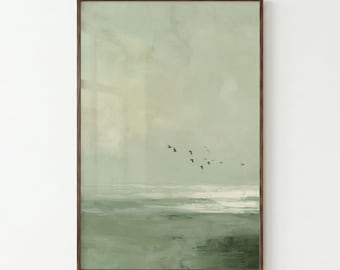 May include: A vertical rectangular wall art print featuring an abstract landscape in shades of sage green and muted cream. The composition depicts a hazy horizon line with a flock of small black birds flying across the center of the scene.