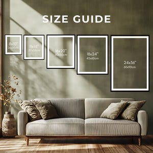 May include: A size guide graphic featuring five black rectangular frames arranged on a wall above a beige ribbed sofa. The frames display dimensions in inches and centimeters: 8x10, 11x14, 16x20, 18x24, and 24x36. The text SIZE GUIDE is centered above.