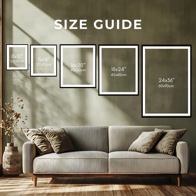 May include: A size guide graphic featuring five black rectangular frames arranged on a wall above a beige ribbed sofa. The frames display dimensions in inches and centimeters: 8x10, 11x14, 16x20, 18x24, and 24x36. The text SIZE GUIDE is centered above.