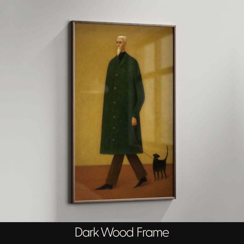 May include: A framed art print depicts a figure in a long green coat walking a black cat on a leash. The figure wears glasses and a white beard. The artwork is set against a yellow background and framed in dark wood.