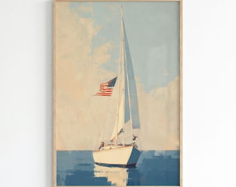American Flag Sailboat Art: Beige and Blue Framed Paper Print