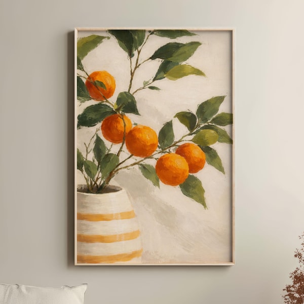 Citrus Still Life Oil Painting: Orange and Green Framed Print