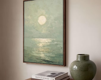 Sage Green Moon Seascape: Vertical Floating Frame Canvas of Textured Night Ocean